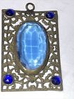 1.66&quot; Art Deco Czech Cobalt Blue Glass Crystal Brass Filigree Pendant Rare Antiq