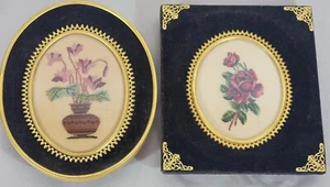 Vintage Framed Miniature Needlepoint Tapestries Floral Gilt Velvet Frames c 1960 - Picture 1 of 6