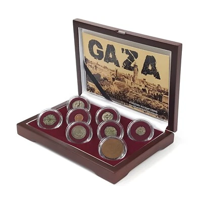 Caja de exhibición de 8 monedas antiguas de Gaza - siglo IV a.C. a mediados del siglo XX Foto 1 de 3