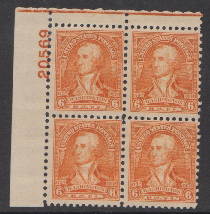 U.S. Sc #711 6 Cent George Washington Bicentennial Plate Block Never Hinged - Image 1 of 1