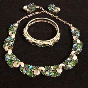 Vintage Lisner signiert Halskette Armband Ohrring Set blau grün goldfarben BITTE LESEN - Bild 1 von 6