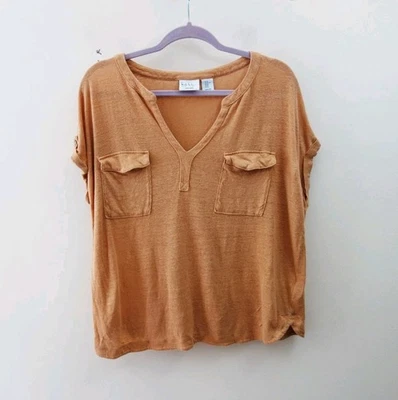 Nicole Miller 100% 亚麻方格 Lagenlook 极简主义 V 领口袋上衣 (XL) 全新无标签! — 第 1/4 张图片