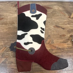 Calza natalizia western stivali cowboy stampa mucca feltro 16" design con sperone - Foto 1 di 6