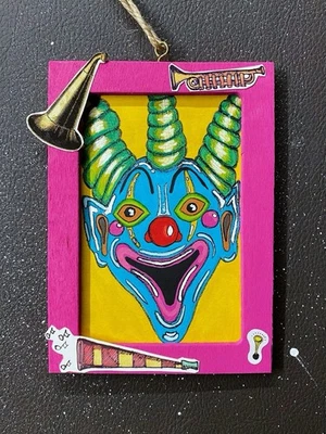 Original Art- Horned Clown- Acrylic Painting On Wood- Frame- 4x5”- 1 Of 1 - Image 1 of 3