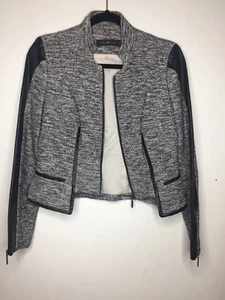 Stella & Jamie Women’s Grey Black Knit w/ Leather Details Zip Up Jacket Size S - Picture 1 of 5