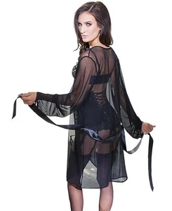 Women's Robe Black Cover Up Lingerie Dress Sheer Mesh Short Kimono Dressing Gown - Picture 1 of 5