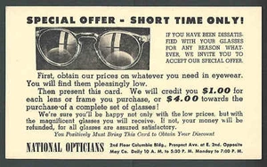 Ca 1940 PC CLEVELAND OH NATIONAL OPTICIANS SPECIAL OFFER ON GLASSES - Picture 1 of 1