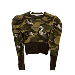 Zara Sweater Women’s M Camo Sequins Puff Sleeve Cropped Pullover - Picture 1 of 5