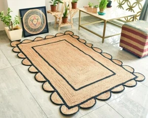 Rug Jute Scallop Black Border Square Hand Braided Farmhouse Jute Area Rug  - Picture 1 of 7