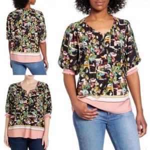BOBEAU Spring Summer Black Pink Scenic Border Print 3/4 Sleeve Plus Size Top M L - Picture 1 of 7