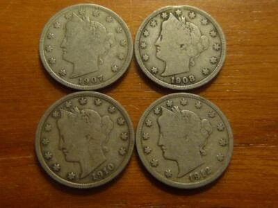 1907,1908 clipped error, 1910, 1912 Liberty Nickels VG Condition SKU# 26877 - Image 1 of 2