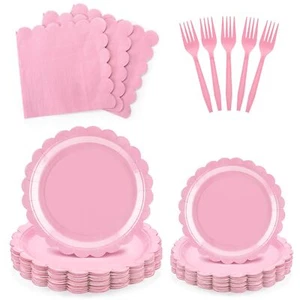 Scalloped Edge Tableware Set - Solid Pink Paper Plates Cups Napkins Dinnerware - Bild 1 von 24
