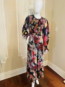Dalia Macphee Long Sleeves Floral Chiffon Maxi Dress Size L - Picture 1 of 15