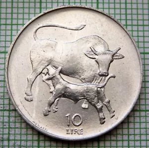 SAN MARINO 1972 10 LIRE, Maternity Series - Cow Nursing Calf, ALUMINIUM UNC - Picture 1 of 6
