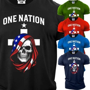 Camiseta Hombre Horror Calavera Cruz Americana Bandera Manga Corta EE. UU. Nueva Camiseta Regalo - Imagen 1 de 11