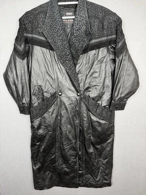 Gabardina de cuero negra vintage Wilson para mujer grande L gamuza aislada años 90 Y2K Foto 1 de 4