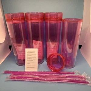 Vasos acrílicos ROSADOS 16 OZ delgados de doble pared con pajita de tapa paquete de 4 sin BPA - Imagen 1 de 10