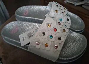 "O'Rageous" Girls Slides, Youth Size 2, Silver White, Multicolor Jeweled Flowers - Picture 1 of 6