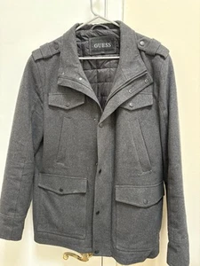 GUESS Men's Designer Grey Wool Blend Coat Size L Lined Warm Military Style - Picture 1 of 3