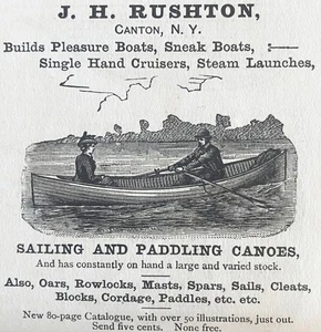 J.H.Rushton Sailing&Paddling Canoes John Henry Boat Builder Canton 1887 Print Ad - Picture 1 of 2