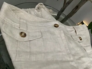 VINTAGE MICHAEL KORS BEIGE 100% LINEN GENIE DRAWSTRING CUFF CROP CAPRI PANTS 14W - Picture 1 of 8