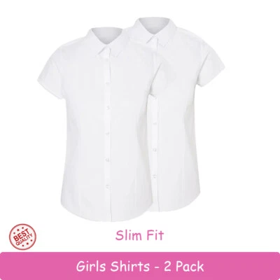 GEORGE Girls Pack of 2 Slim Fit School Shirt Blouse White Short Sleeve 7-18 Ex Stores