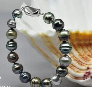 Fantastic 7.5-8"12-13mm natural tahitian black grayish baroque pearl bracelet - Picture 1 of 4