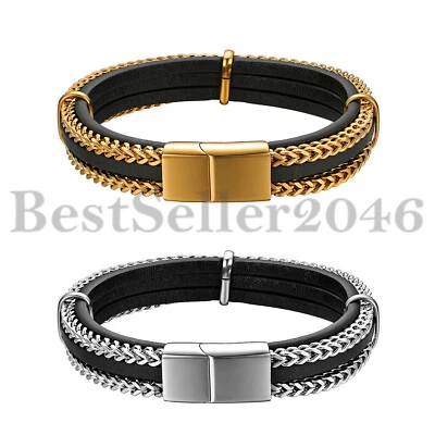 Brazalete magnético cadena Franco de acero inoxidable de cuero genuino para hombre 8,46" Foto 1 de 4