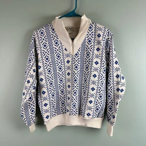 Vintage LL Bean Womens Small Sweater Blue White Nordic Snowflake 1/4 Zip USAMade - Picture 1 of 7