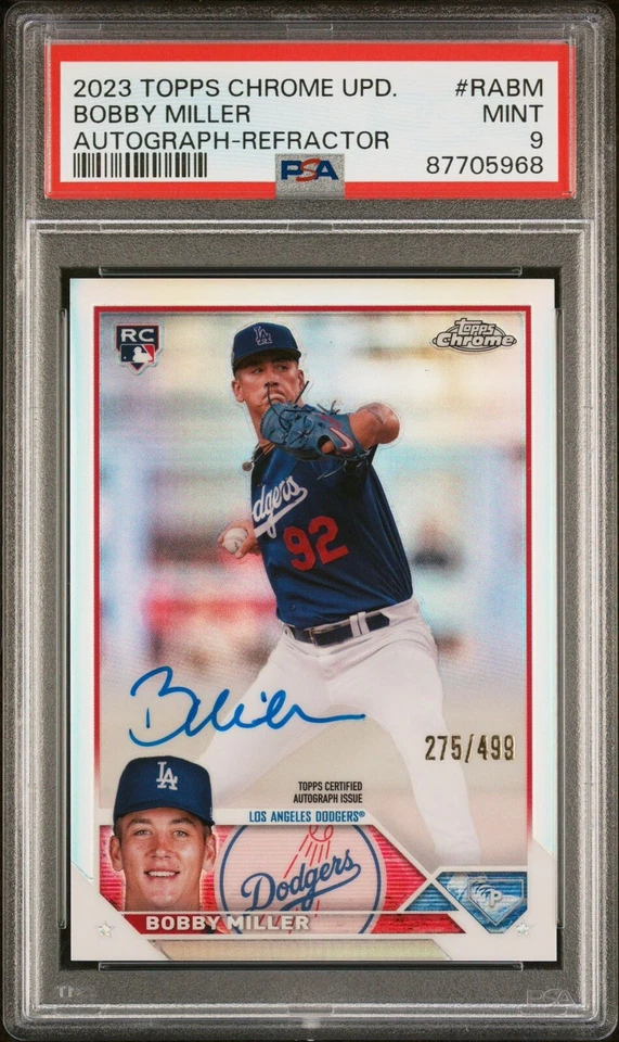 2023 Topps Chrome UPD. #RA-BM Bobby Miller (RC) Refractor Auto /499. PSA 9 MINT - Image 1 of 2