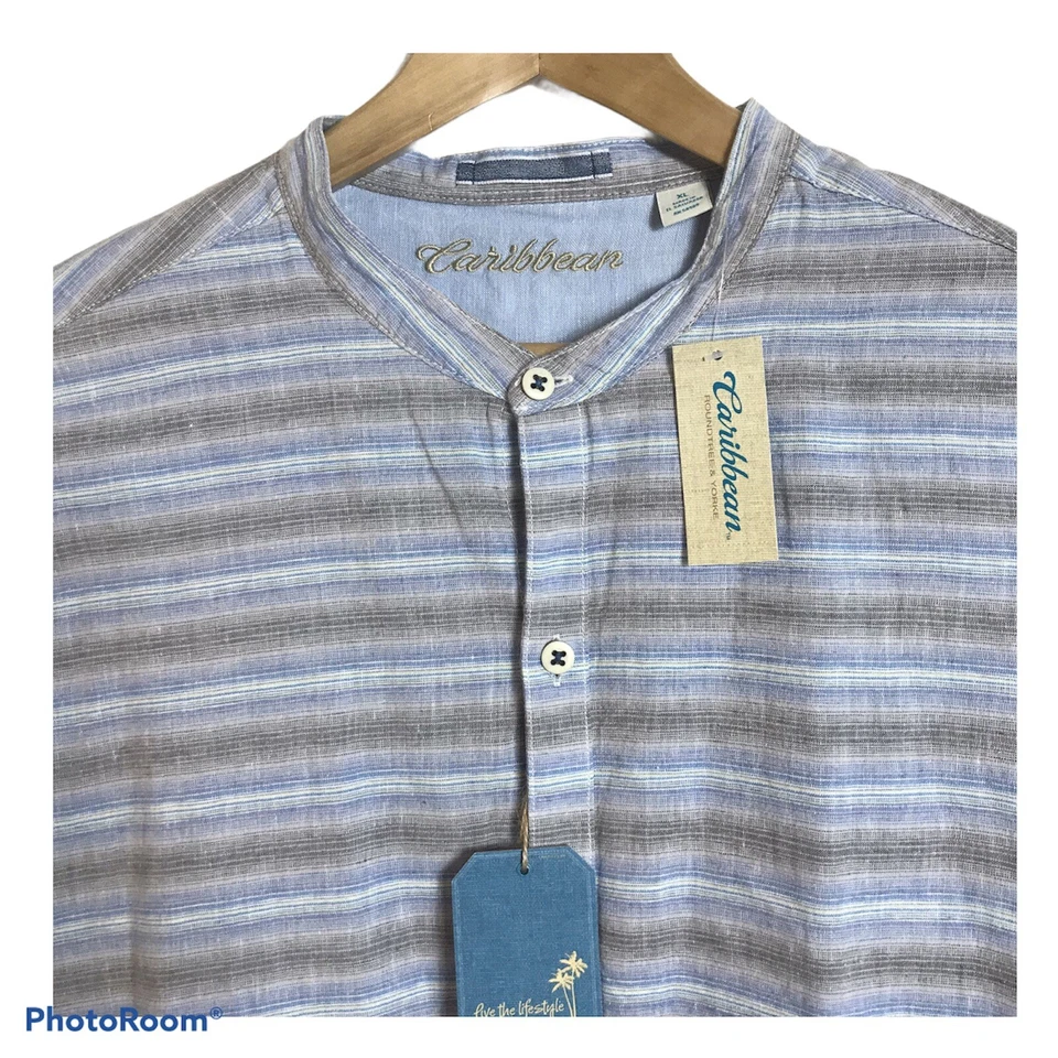 Camisa CARIBEAN Para Hombres GRANDE 2XB Cuello con Bandas Manga Larga Mezcla de Lino Tropical $89 Foto 1 de 4
