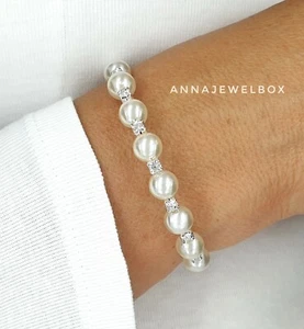 Silver White Cubic Zirconia Crystal Pearl Bracelet Diamante Cubic Zirconia Gift - Picture 1 of 6