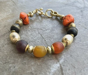 Boho Chic Bracelet Ghanaian Recycled Glass Howlite Vintage Italian Gold Filled - Picture 1 of 12