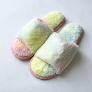 Soft Plush Fuzzy Open Toe Cozy House Slippers Womens 9 Sherbert Multicolor - Picture 1 of 4