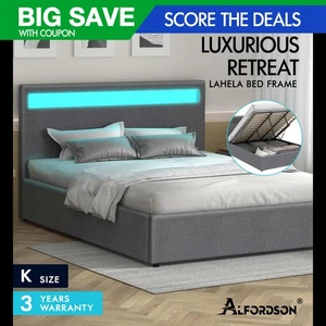 ALFORDSON Bed Frame King Size RGB LED Gas Lift Base Platform Storage Grey - Picture 1 of 12