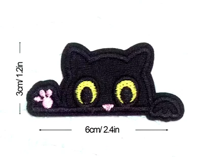 Cartoon Black Cat Head Shape Embroidered Iron-On patch 2+1/2 x 1+1/4 inch - Image 1 of 4