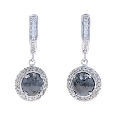 White Gold Black Diamond Huggie Hoop Halo Dangle Earrings 14k Round Rose 2.50ctw - Image 1 of 4