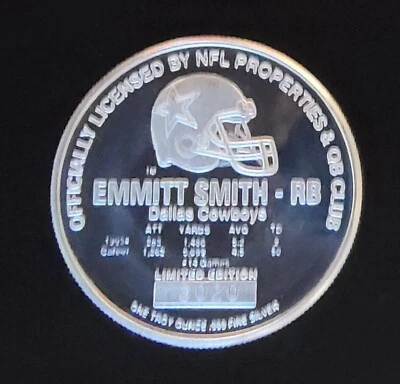 NFL Dallas Cowboys Emmitt Smith RB Fútbol Americano-999 Plata 1 Oz Arte Moneda Redonda Foto 1 de 2
