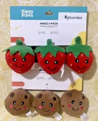ZippyPaws 6-Pack MINIZ STRAWBERRIES & COOKIES Squeaky Dog Toy New -FREE SHIPPING - Image 1 of 4