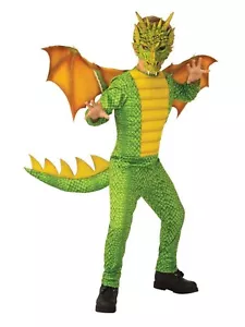 Child Dynamic Dragon Costume Jumpsuit Wings and Mask Green Spiked Tail - Picture 1 of 4
