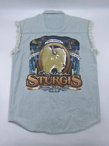 Charley's Sturgis Bike Week 2000 Denim Button Cut Off Graphic Shirt Sz Medium - Imagen 1 de 12
