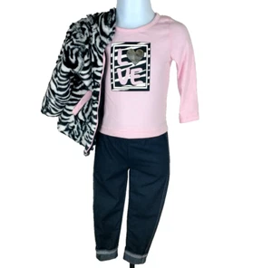 18M Baby Girl 3pc Outfit Zebra Faux Fur Jacket Pink Shirt Pants Set Fall Winter - Picture 1 of 11