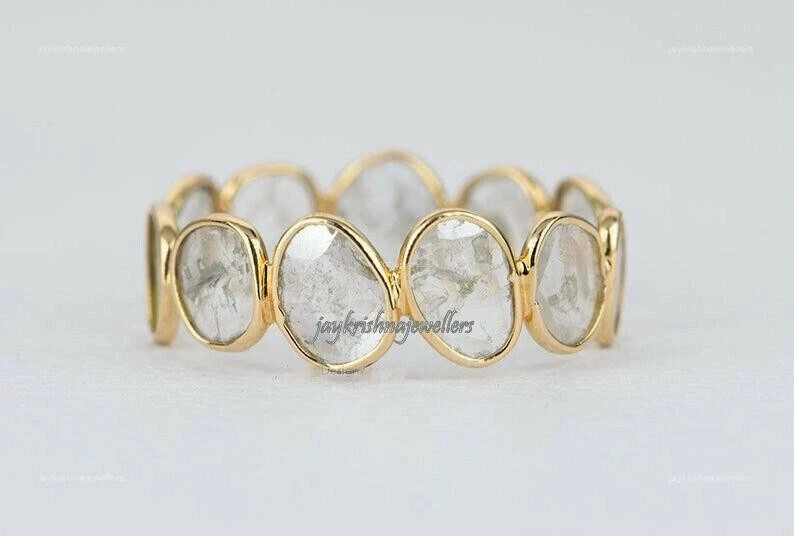 Anel de ouro 14K Polki diamante pulseira da eternidade conjunto de moldura feita à mão anel de propósito delicado - Imagem 1 de 4