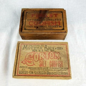Antique Vintage Wooden Finger Jointed Codfish Boxes Primitive Gorton & Finast - Picture 1 of 12