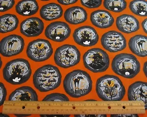1 yard of BLACK HALLOWEEN PICTURE CIRCLES on ORANGE 100% Cotton Fabric - Picture 1 of 1