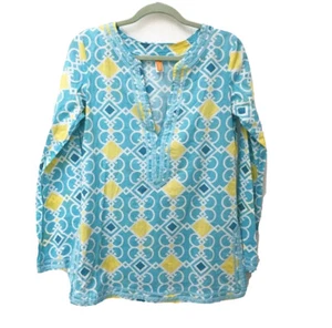 Lucy Damen Größe Small V-Ausschnitt Langarm Pullover Oberteil blau gelb Geo-Druck - Bild 1 von 6