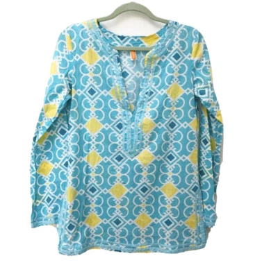 Pulôver Lucy Feminino Tamanho Pequeno Decote V Manga Longa Azul Amarelo Estampa Geo - Imagem 1 de 4