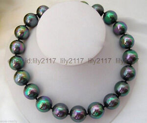 AA+ Beautiful 12mm Rainbow Black Round South Sea Shell Pearl Beads Necklace 18"
