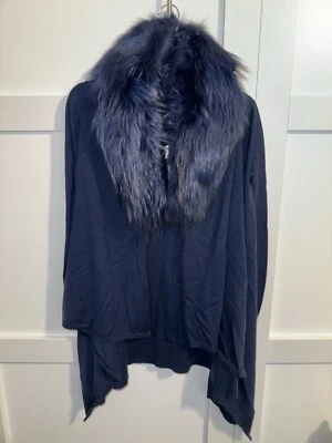 New W/ Tags Alice + Olivia Izzy Cascade Real Fox Fur Collar Cardigan Blue XS - Image 1 of 4