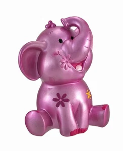 Banco de monedas de elefante rosa metálico rasguño y abolladura con detalles florales - Imagen 1 de 4